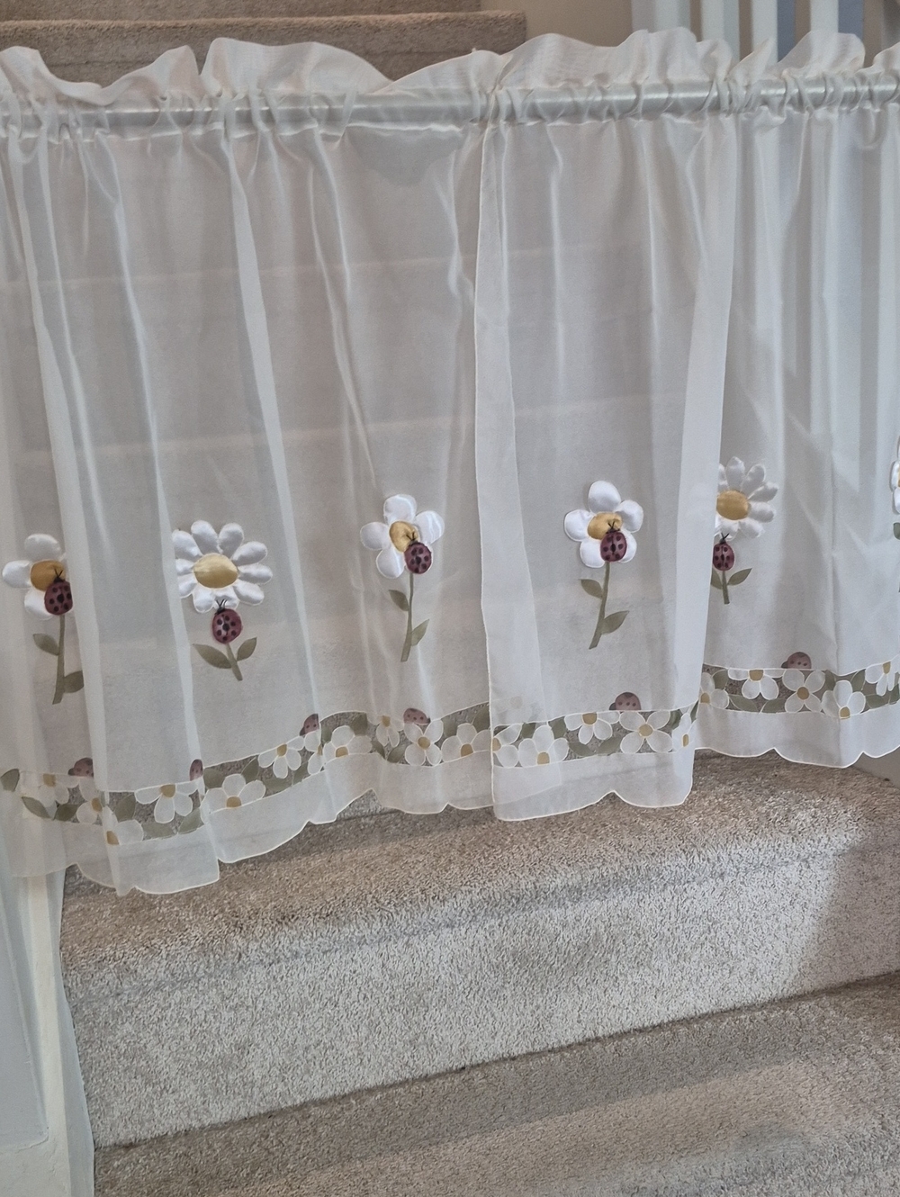 Two White Sheer Cafe Curtains with Embroidered 3D Daisies 30x25